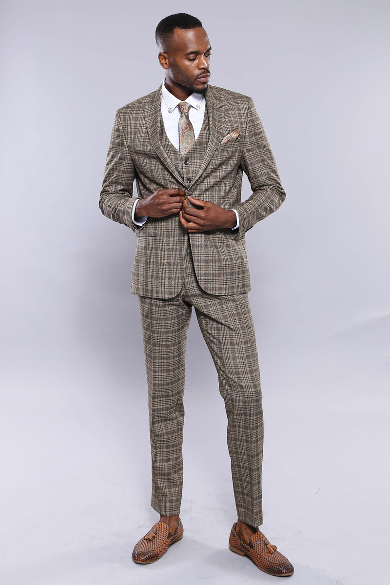 Manny Bellagio Vintage Brown Check Slim Fit Suit - Manny Bellagio