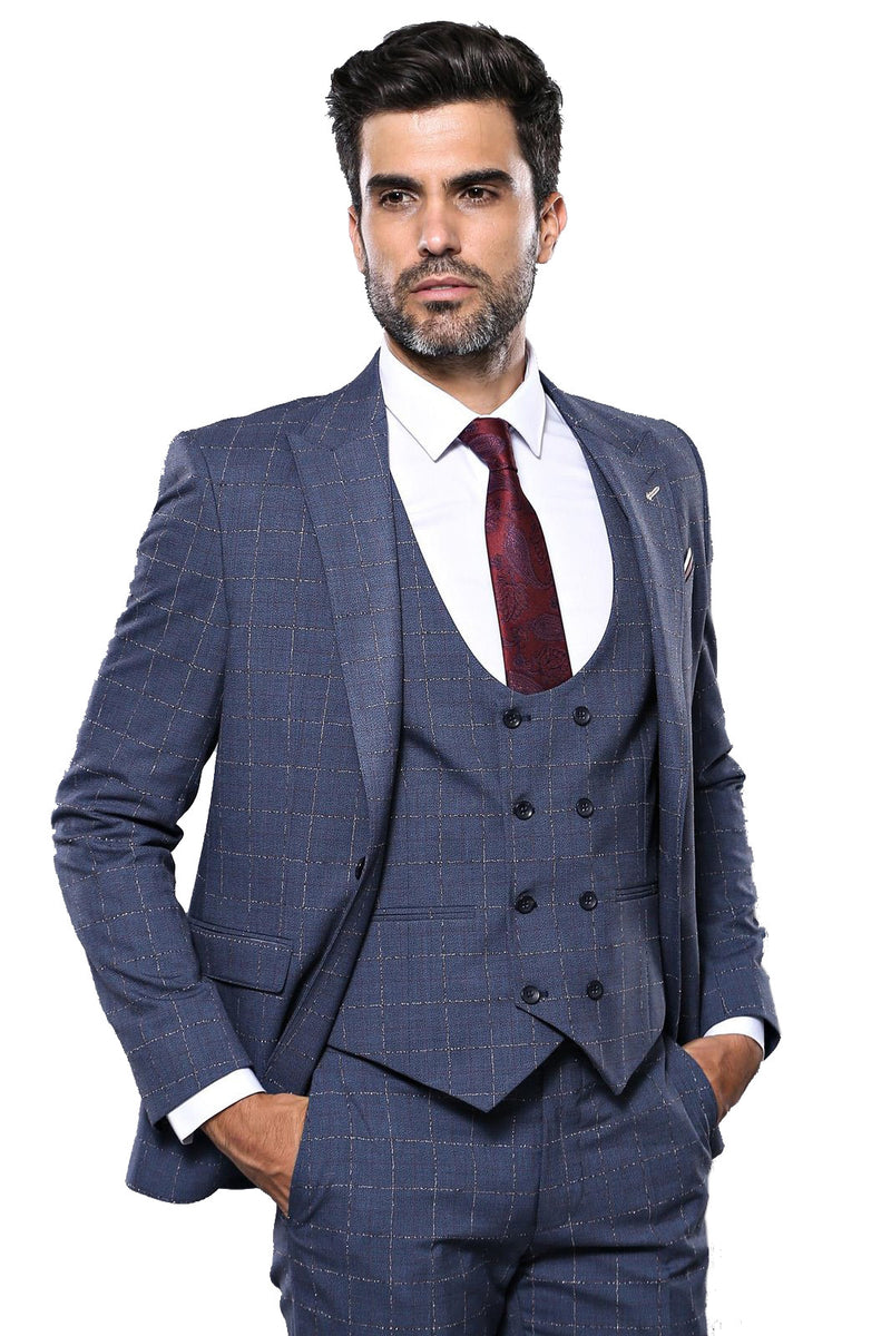 Manny Bellagio Blue Check Slim Fit Suit - Manny Bellagio